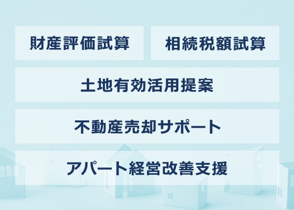 財産評価試算／相続税額試算／土地有効活用提案／不動産売却サポート／アパート経営改善支援